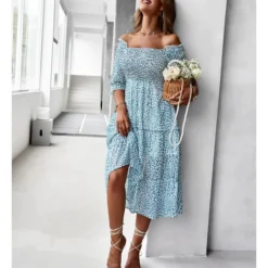 Sexy Off Shoulder Floral Midi Swing Dress High Waist Petal Sleeve Slim Vacation Wholesale Dresses SDN560630 -Amour Vert shop 23a4b9dd be78 4374 b178 e95ddd1cd5e9 a4085cc2be5fa69df4ee13c27bd59a5c