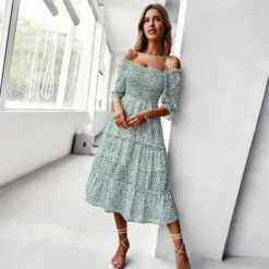 Sexy Off Shoulder Floral Midi Swing Dress High Waist Petal Sleeve Slim Vacation Wholesale Dresses SDN560630 -Amour Vert shop 23ec5188 03f6 409c 971a 86e0b2e76f54 4742963d4cefad451ad09b62ff632ff0