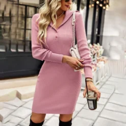 Casual V-Neck Lapel Mini Dress Single-Breasted Long Sleeve Bodycon Wholesale Dresses SDN562274