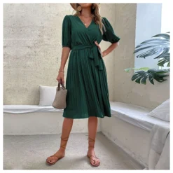 Tie-Up V Neck Green Pleated Dress Wholesale Dresse SDN538885 -Amour Vert shop 25523108 d892 401c 9188 49adea6db90d ba19f0a140945f9f2f4ded3ceca75360