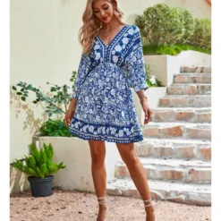 Fashion Print V Neck Swing Dress Casual Loose Backless Lace-Up Short Sleeve Wholesale Dresses -Amour Vert shop 28609bda de44 4d6b ae3e e1ed237a5a51 8f6e6de40525145f05c0d4c2af00aab4