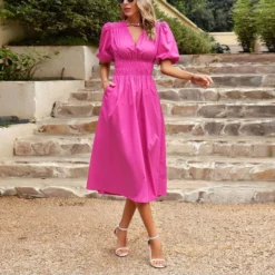 Temperament Short-Sleeved V-Neck Waist-Skimming Solid Color Long Dress Wholesale Dresses V5923041200030