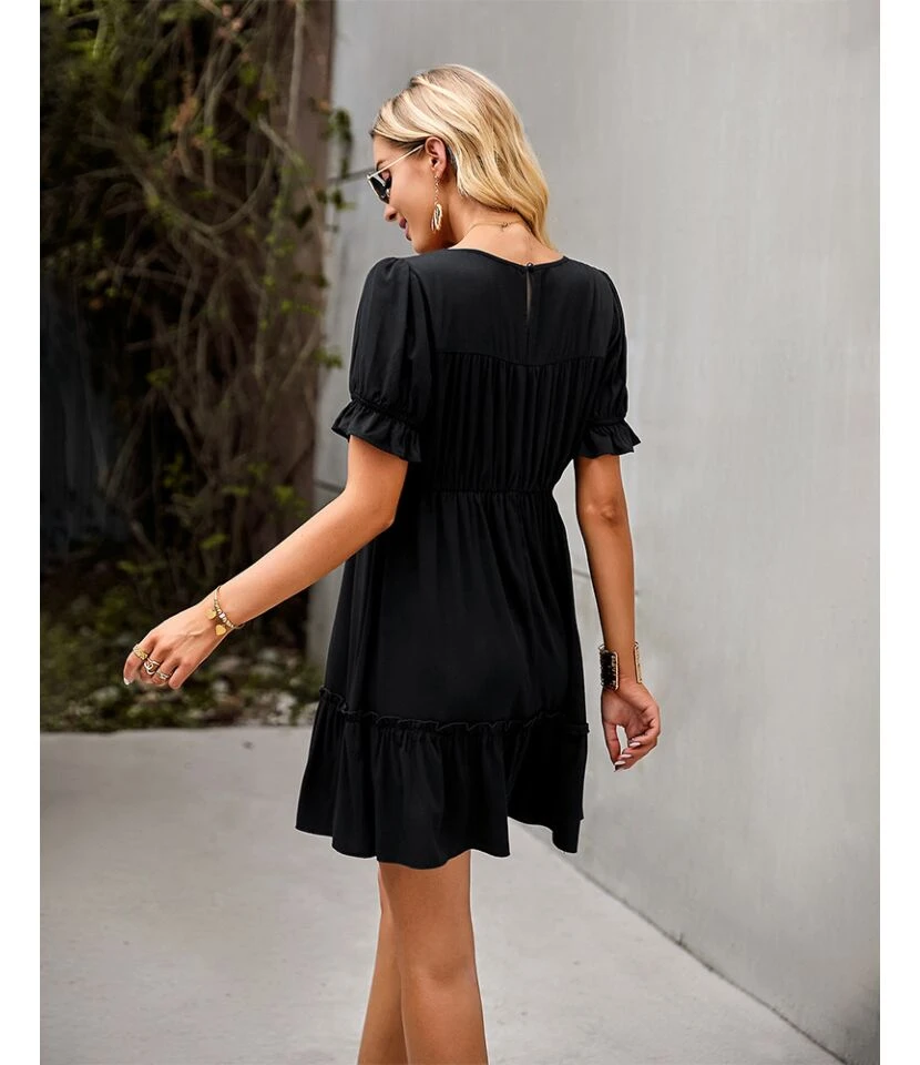 Solid Color Puff Sleeve Round Neck Loose Smocked Ruffled Dress Summer Casual Wholesale Dresses SDN533144 9 Solid Color Puff Sleeve Round Neck Loose Smocked Ruffled Dress Summer Casual Wholesale Dresses SDN533144 - Image 7