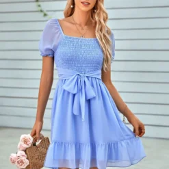 Solid Color V-Neck Waist Short-Sleeve Casual Ruffled Dress Wholesale Dresses SDN537952
