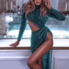 Sexy Sequins Long Sleeve Hollow Out Irregular Trailing Big Hem Dress Wholesale Dresses N5923081800029