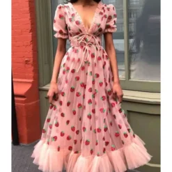 Deep V-neck Strawberry Pattern Lace-up Sequin Mesh Dress 9 Deep V-neck Strawberry Pattern Lace-up Sequin Mesh Dress -Amour Vert shop 2 209