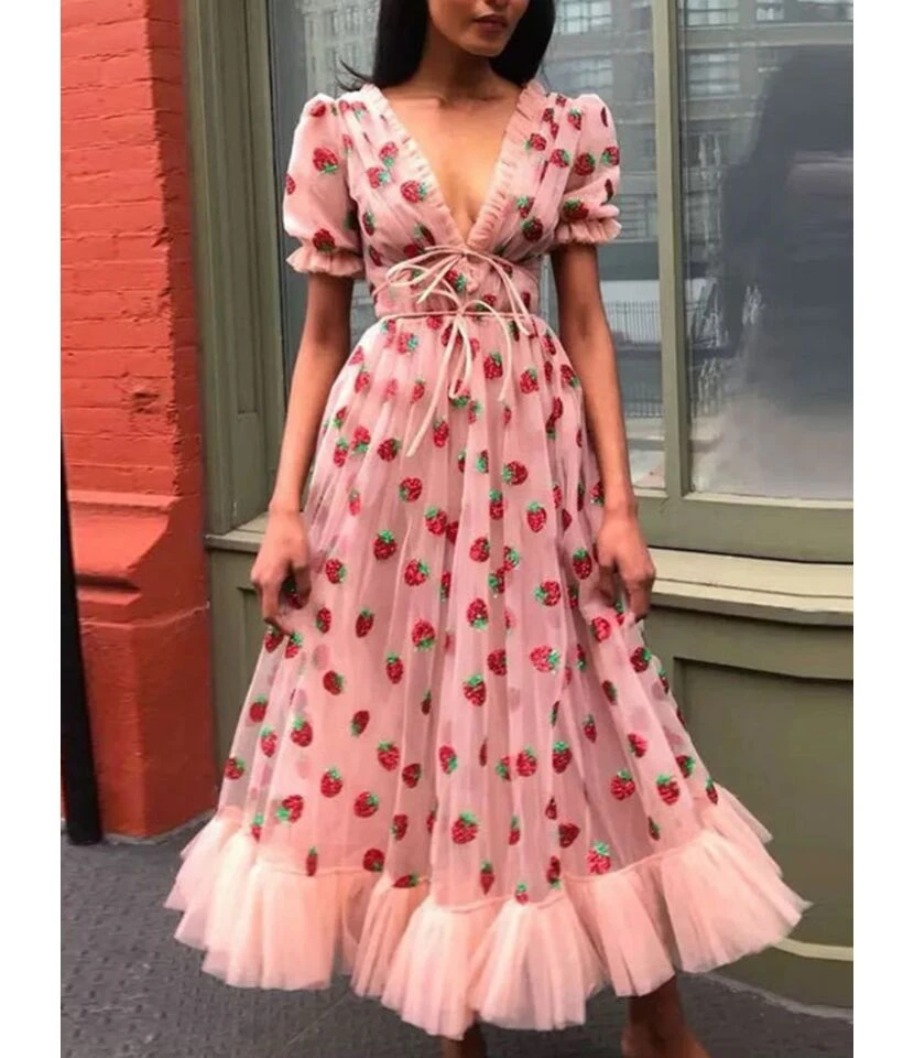 Deep V-neck Strawberry Pattern Lace-up Sequin Mesh Dress 6 Deep V-neck Strawberry Pattern Lace-up Sequin Mesh Dress - Image 4