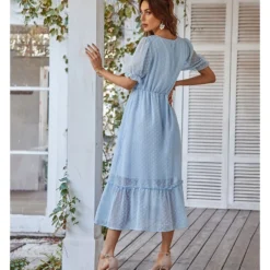 Elegant V Neck Flocking Midi Dress Short Sleeve Solid Color High Waist Wholesale Dresses SDN560431 -Amour Vert shop 2fef7b3f b826 4ffc 9037 6781dc6c3a34 deb9e24e9eafaf4f4ab70e09b5bddddb