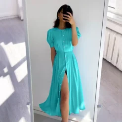 Fashion Crew Neck Puff Sleeve A-Line Midi Dress Single-Breasted Slit Solid Color Wholesale Dresses SD58855 -Amour Vert shop 2ff1162c da03 42f1 af23 0f4ab41ee738 O1CN01SIxyV51dqUfFey4QB 3020913787 0 cib