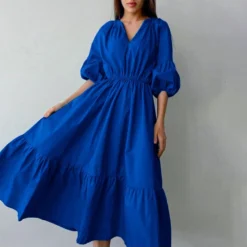 Klein Blue V Neck Puff Sleeve A-Line Dress High Waist Solid Color Midi Wholesale Dresses SDN560941