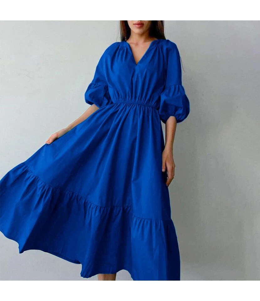 Klein Blue V Neck Puff Sleeve A-Line Dress High Waist Solid Color Midi Wholesale Dresses SDN560941 3 Klein Blue V Neck Puff Sleeve A-Line Dress High Waist Solid Color Midi Wholesale Dresses SDN560941