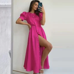 Fashion Crew Neck Puff Sleeve A-Line Midi Dress Single-Breasted Slit Solid Color Wholesale Dresses SD58855 -Amour Vert shop 35ebf083 079e 4ad8 828e 5a042d5e8d97 O1CN01cDKdJE1dqUevJKQZT 3020913787 0 cib