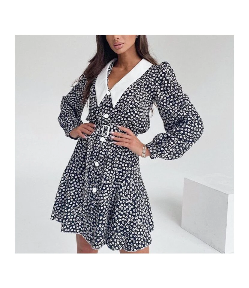 Long Puff Sleeve Floral Contrast Color Mini Dress Wholesale Dresses SDV463820 3 Long Puff Sleeve Floral Contrast Color Mini Dress Wholesale Dresses SDV463820
