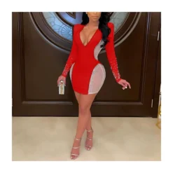 Deep V Neck Rhinestone Mesh Patchwork Bodycon Evening Dress SD030554