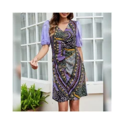 Printed Fashion Pullover Puff Sleeve Dress Casual V-Neck Slim Elegant Wholesale Dresses SD183952