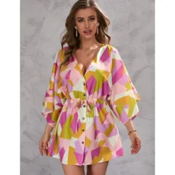 Geometric Print Deep-V Half Flare Sleeve Lace-Up Drawstring Mini Dress Resort Wholesale Dresses SDN533159 -Amour Vert shop 3e51b203 4996 4065 b51c 309581c2d2ee 932814090a118c1a6cbcce097b7fe7d8