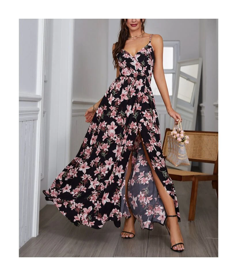 Sexy Suspender V Neck Floral Dress Backless High Slit Maxi Wholesale Dresses SDN560450 3 Sexy Suspender V Neck Floral Dress Backless High Slit Maxi Wholesale Dresses SDN560450