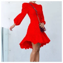 Retro Solid Color Hollow Ball Sleeve Ruffle Swing Dress Wholesale Dresses SDN538571 -Amour Vert shop 42391772 05e4 4231 9da3 fd3daf4c78dd 4c4fe5763e1e94afe9bb65cf469a7045