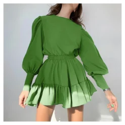 Long-Sleeve High-Waist Vintage Pleated Swing Ruffled Dress Wholesale Dresses SDN536410