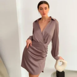 Sexy Satin Deep V Neck Dress Solid Color Long Sleeve A-Line Wholesale Dresses SDN560922 -Amour Vert shop 4870f8b4 9c06 4050 9bc5 a7de1f2a31e4 fa233e43faa7ea2d7be20376df9e9420