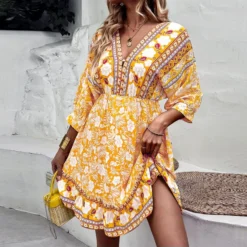 Fashion Print V Neck Swing Dress Casual Loose Backless Lace-Up Short Sleeve Wholesale Dresses -Amour Vert shop 48857577 afa6 4637 99d8 c077bfe36824 c7ab2ee41d49c70cef88a0c0e14453ac