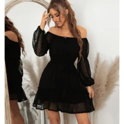 Sexy Off Shoulder Flocking Mini Dress Solid Color Long Sleeve Lace Up Flowy Wholesale Dresses SDN560434 -Amour Vert shop 4b5e5969 7c25 4292 9bf7 8ddadfc5e159 d5cae9431160f9113c4a14874e69d968