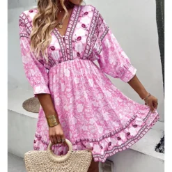 Fashion Print V Neck Swing Dress Casual Loose Backless Lace-Up Short Sleeve Wholesale Dresses -Amour Vert shop 4c8cec24 bb83 48b5 a23b a09a28e45896 780e3a11a63e844699d9adb60c80f800
