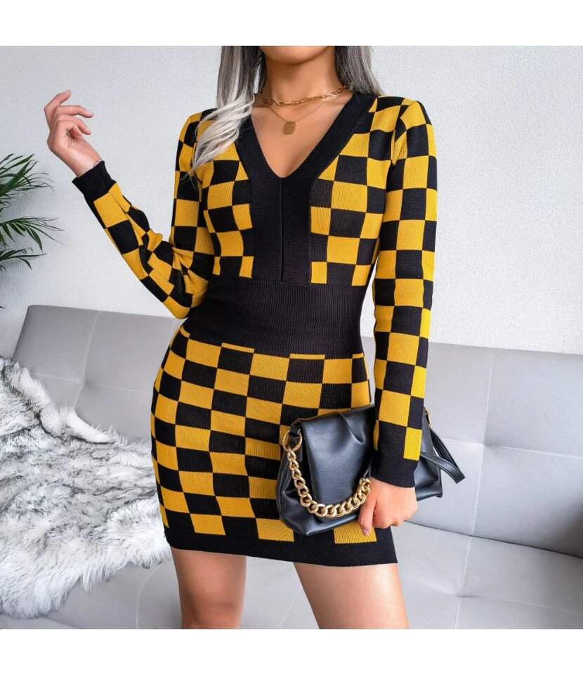 Sexy Knitted Dress Women V-Neck Plaid Printing SD162181 6 Sexy Knitted Dress Women V-Neck Plaid Printing SD162181 - Image 4