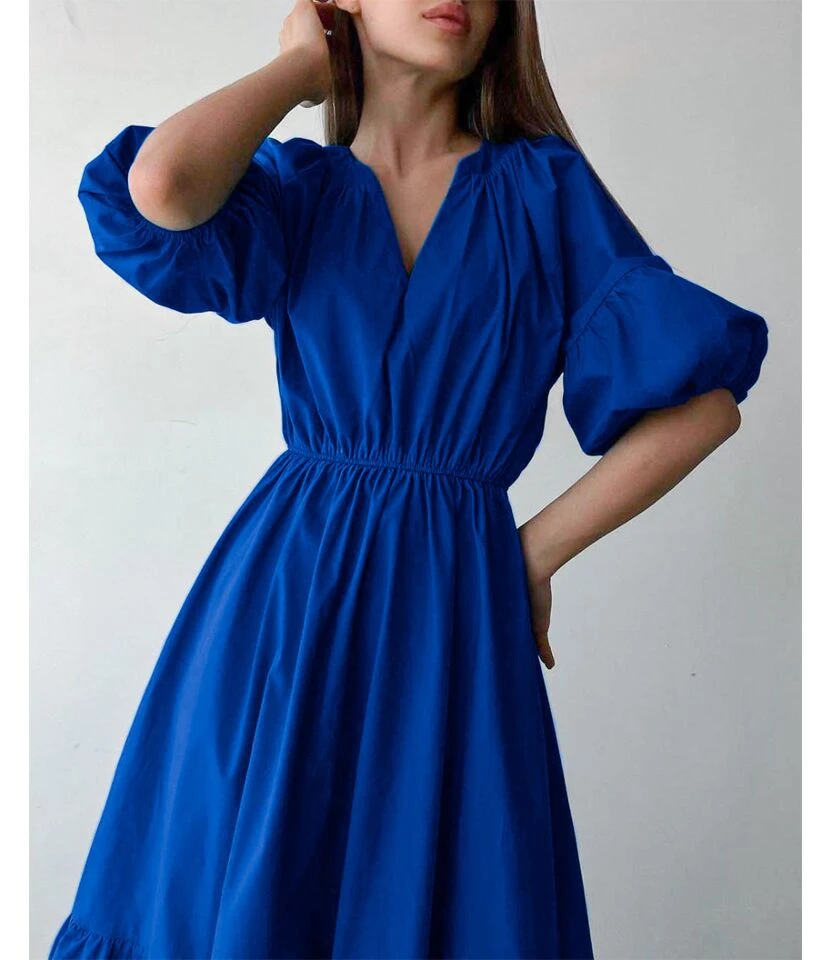 Klein Blue V Neck Puff Sleeve A-Line Dress High Waist Solid Color Midi Wholesale Dresses SDN560941 5 Klein Blue V Neck Puff Sleeve A-Line Dress High Waist Solid Color Midi Wholesale Dresses SDN560941 - Image 3