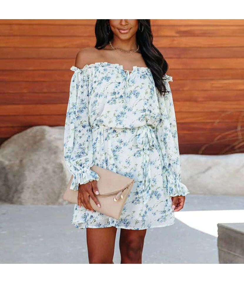 Chiffon Sexy Off Shoulder Floral Dress Long Sleeve High Waist Wholesale Dresses SDN561300 3 Chiffon Sexy Off Shoulder Floral Dress Long Sleeve High Waist Wholesale Dresses SDN561300