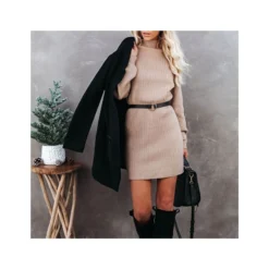 Fashion Solid Color Long Sleeve Round Neck Knitted Dress Wholesale Dresses V5923053100006