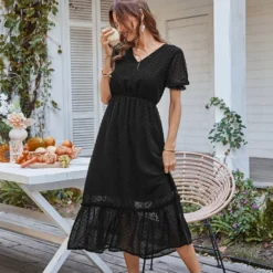 Elegant V Neck Flocking Midi Dress Short Sleeve Solid Color High Waist Wholesale Dresses SDN560431 -Amour Vert shop 5af03587 99c7 4fd0 b67d 119045ee6ab2 57efbebde208905264d952639dc7b018