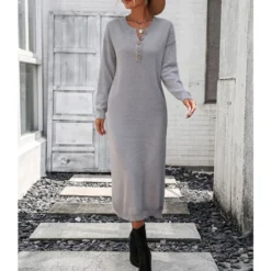 Fashion Solid Colour Long Sleeve Button Down Knit Dress Wholesale Dresses N5923082600017 -Amour Vert shop 5b930cfd116d4339978fb07400b8f28f 4