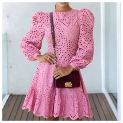 Retro Solid Color Hollow Ball Sleeve Ruffle Swing Dress Wholesale Dresses SDN538571