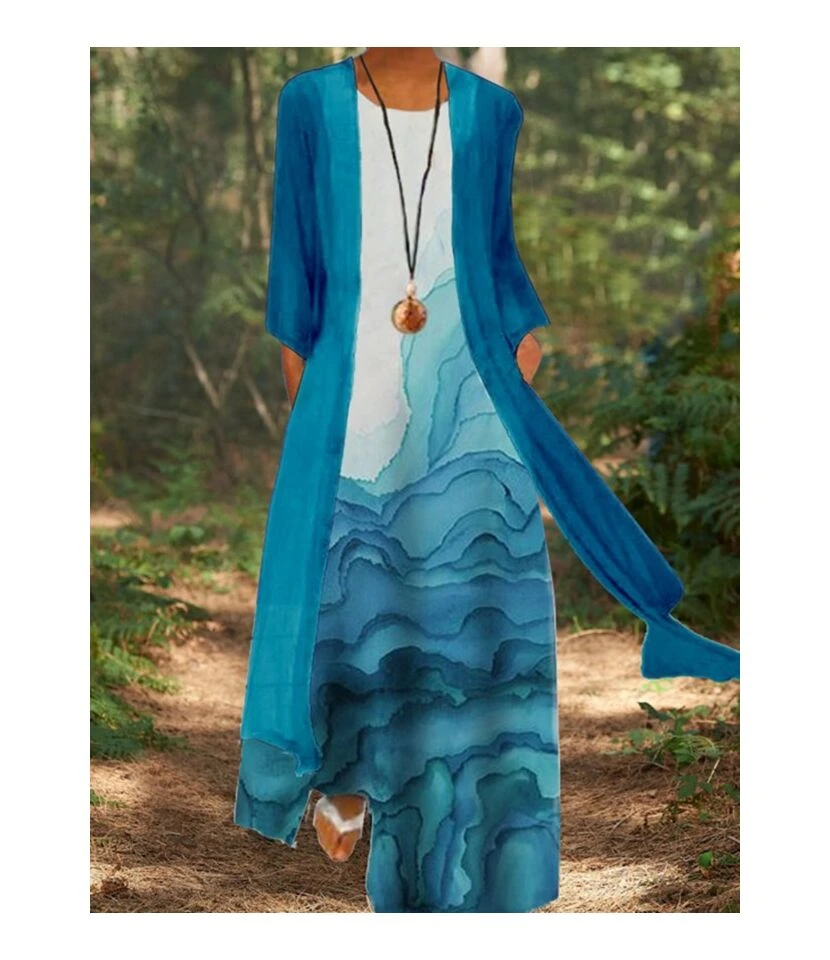 Printed Mid-Sleeve Loose Casual Coat & Maxi Dress Fashion Wholesale Womens 2 Piece Sets SD204468 5 Printed Mid-Sleeve Loose Casual Coat & Maxi Dress Fashion Wholesale Womens 2 Piece Sets SD204468 - Image 3