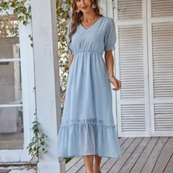 Elegant V Neck Flocking Midi Dress Short Sleeve Solid Color High Waist Wholesale Dresses SDN560431