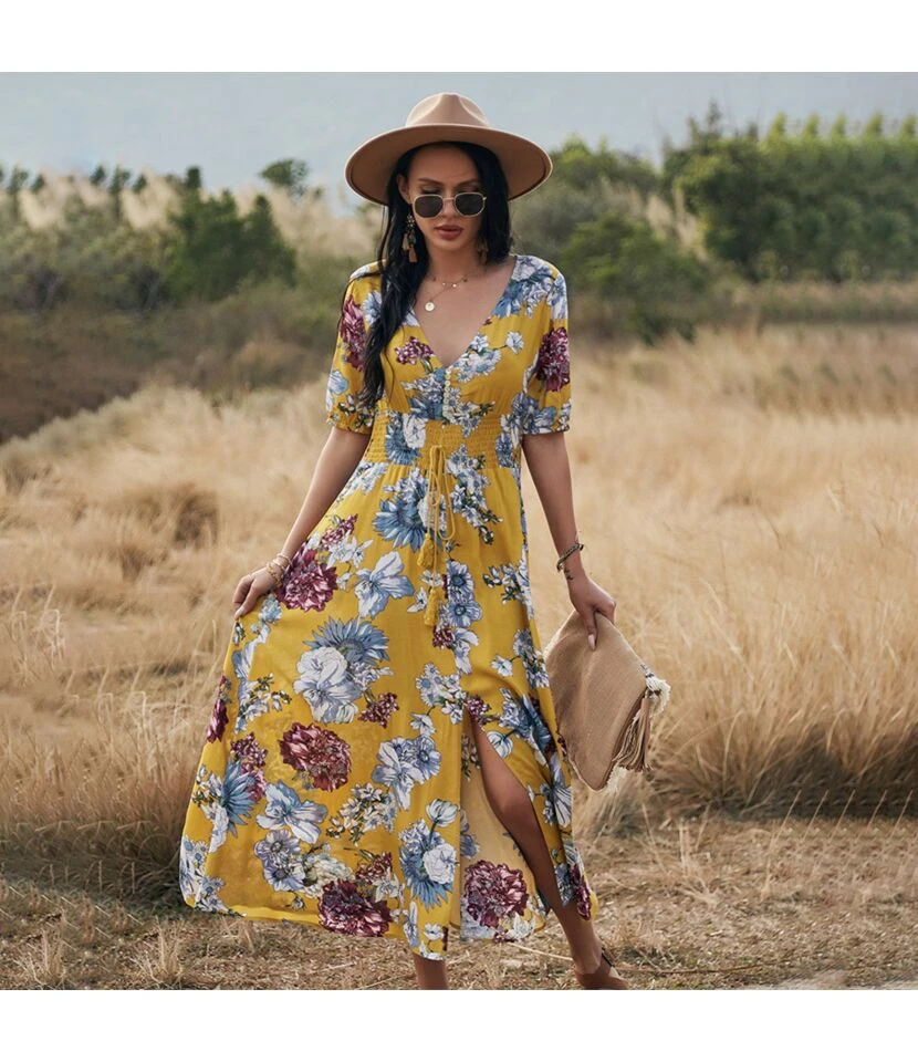 Sexy Deep V Floral Swing Dress Short Sleeve Slim Drawstring High Slit Vacation Wholesale Dresses SDN560326 7 Sexy Deep V Floral Swing Dress Short Sleeve Slim Drawstring High Slit Vacation Wholesale Dresses SDN560326 - Image 5