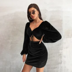 Velvet Sexy Cutout Tie-Up Dress Long Sleeve Solid Color Bodycon Wholesale Dresses SDN561545 -Amour Vert shop 62283317 7f96 420c bec2 361add80beff aa47978690363f7cdfc89f092bb55baf