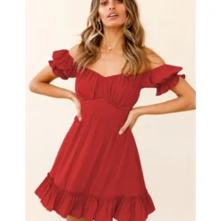 Solid Color Puff Sleeve Ruffles Off Shoulder Tied Rope Vacation Dress Wholesale Dresses SD203764 -Amour Vert shop 63487b5f 9d73 4944 b5c3 b149239646ea EE8EF38D4651DCE9EE78B4C96977BC71