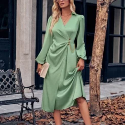 Casual V-Neck Solid Colour Tie Waist Long Sleeve Dress Wholesale Dresses N5923082300037 -Amour Vert shop 6639d5dd9a5f46cab09eb068011880e8 4