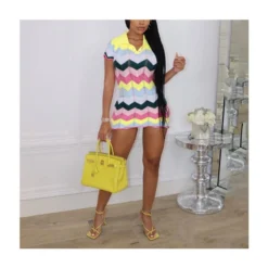 Wave Stripe Colorblock POLO Short-Sleeve Tight-Fitting Sexy Knit Dress Wholesale Dresses SDN538488