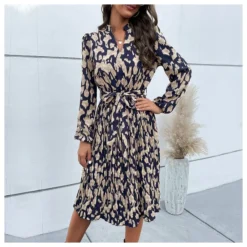 Printed Long Sleeve Tie-Up Casual Swing Pleated Dress Wholesale Dresses SDN538421