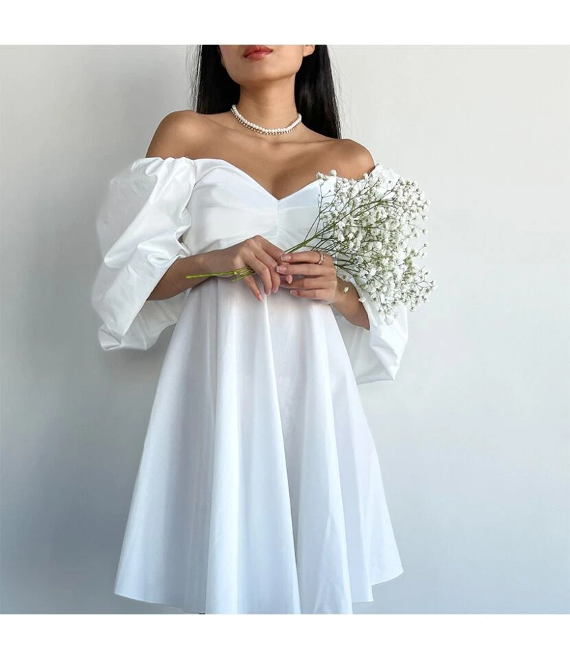 Sexy Strapless High Waist Bubble Sleeve Solid Color A-Line Mini Dress Wholesale Dresses SDN562843 3 Sexy Strapless High Waist Bubble Sleeve Solid Color A-Line Mini Dress Wholesale Dresses SDN562843