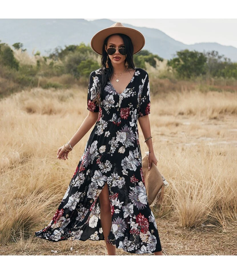 Sexy Deep V Floral Swing Dress Short Sleeve Slim Drawstring High Slit Vacation Wholesale Dresses SDN560326 11 Sexy Deep V Floral Swing Dress Short Sleeve Slim Drawstring High Slit Vacation Wholesale Dresses SDN560326 - Image 9