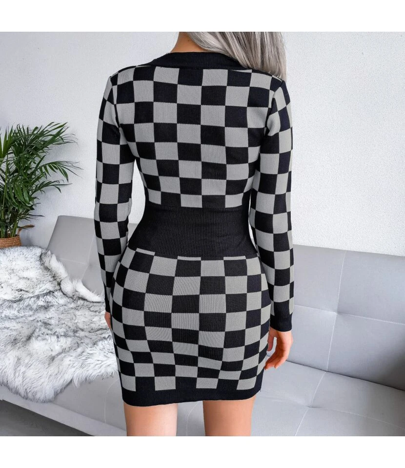 Sexy Knitted Dress Women V-Neck Plaid Printing SD162181 9 Sexy Knitted Dress Women V-Neck Plaid Printing SD162181 - Image 7
