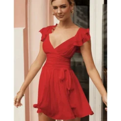 Sexy Deep V Ruffles Sleeve Dress Solid Color Lace-Up Backless Wholesale Dresses SDN560229 -Amour Vert shop 6f3a3148 bc91 4134 8112 296d71ae30bb 3ec3a622176420a30f154f30f61bc7b8