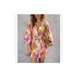 Geometric Print Deep-V Half Flare Sleeve Lace-Up Drawstring Mini Dress Resort Wholesale Dresses SDN533159