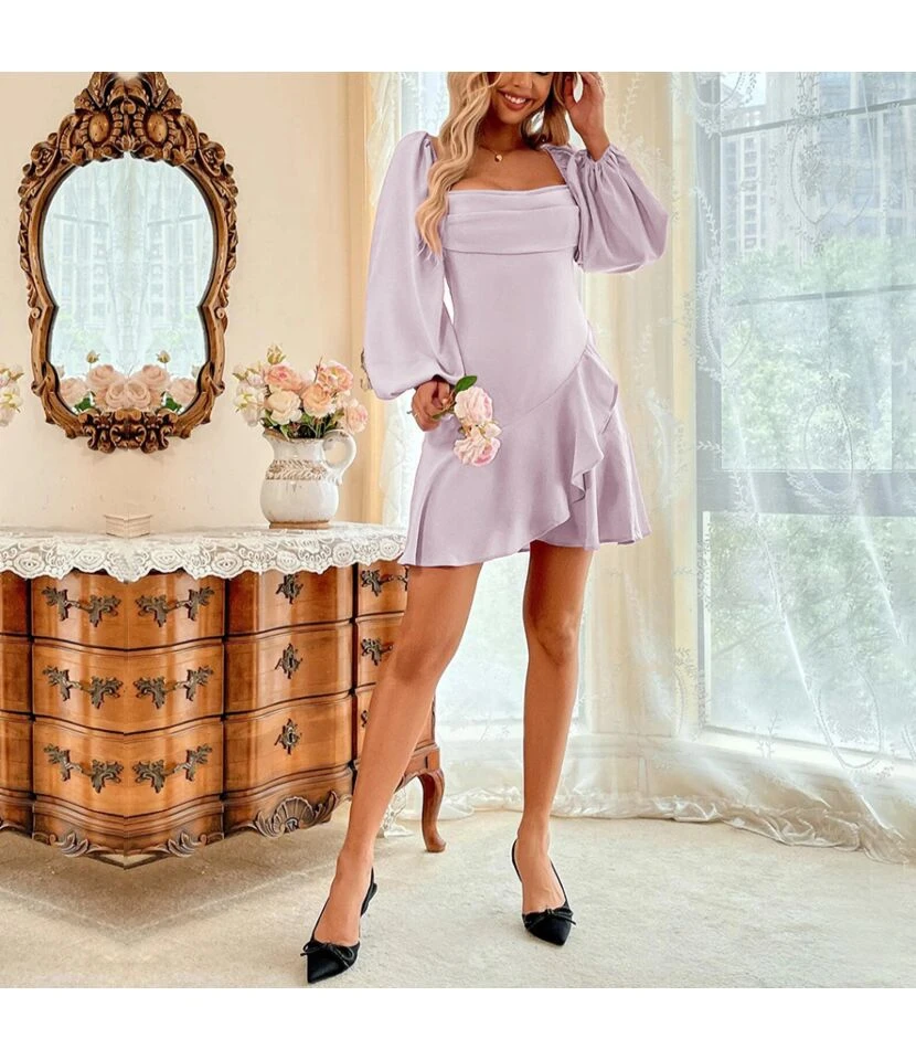 Sexy Square Neck Puff Sleeve Dress Solid Color Ruffled Wholesale Dresses SDN561726 3 Sexy Square Neck Puff Sleeve Dress Solid Color Ruffled Wholesale Dresses SDN561726