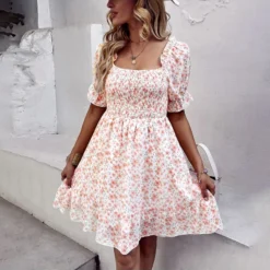 Fashion Chiffon Square Collar Floral Mini Swing Dress Loose High Waist Petal Sleeve Wholesale Dresses SDN560437