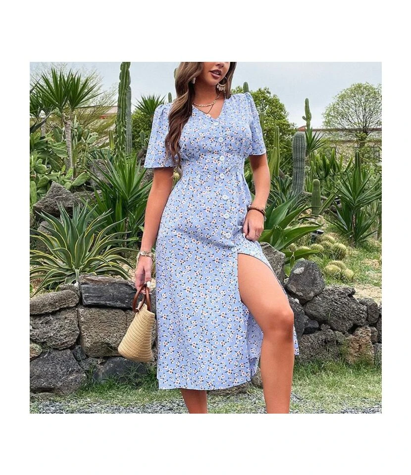 Sexy V Neck Floral Dress Short Sleeve Slit Shirt Wholesale Dresses SDN561308 3 Sexy V Neck Floral Dress Short Sleeve Slit Shirt Wholesale Dresses SDN561308